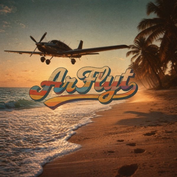 Arflyt cover art: a vintage prop plane flying over a beach at sunset, palms on the right, the Arflyt logo in the sky